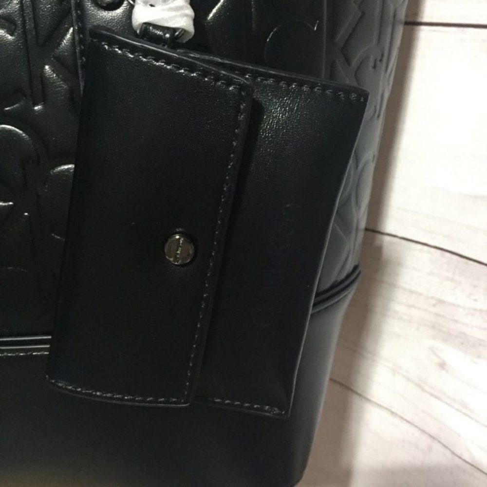 Calvin Klein Black Tote with Cardcase Purse Faux Leather Silver Accents - Picture 9 of 10
